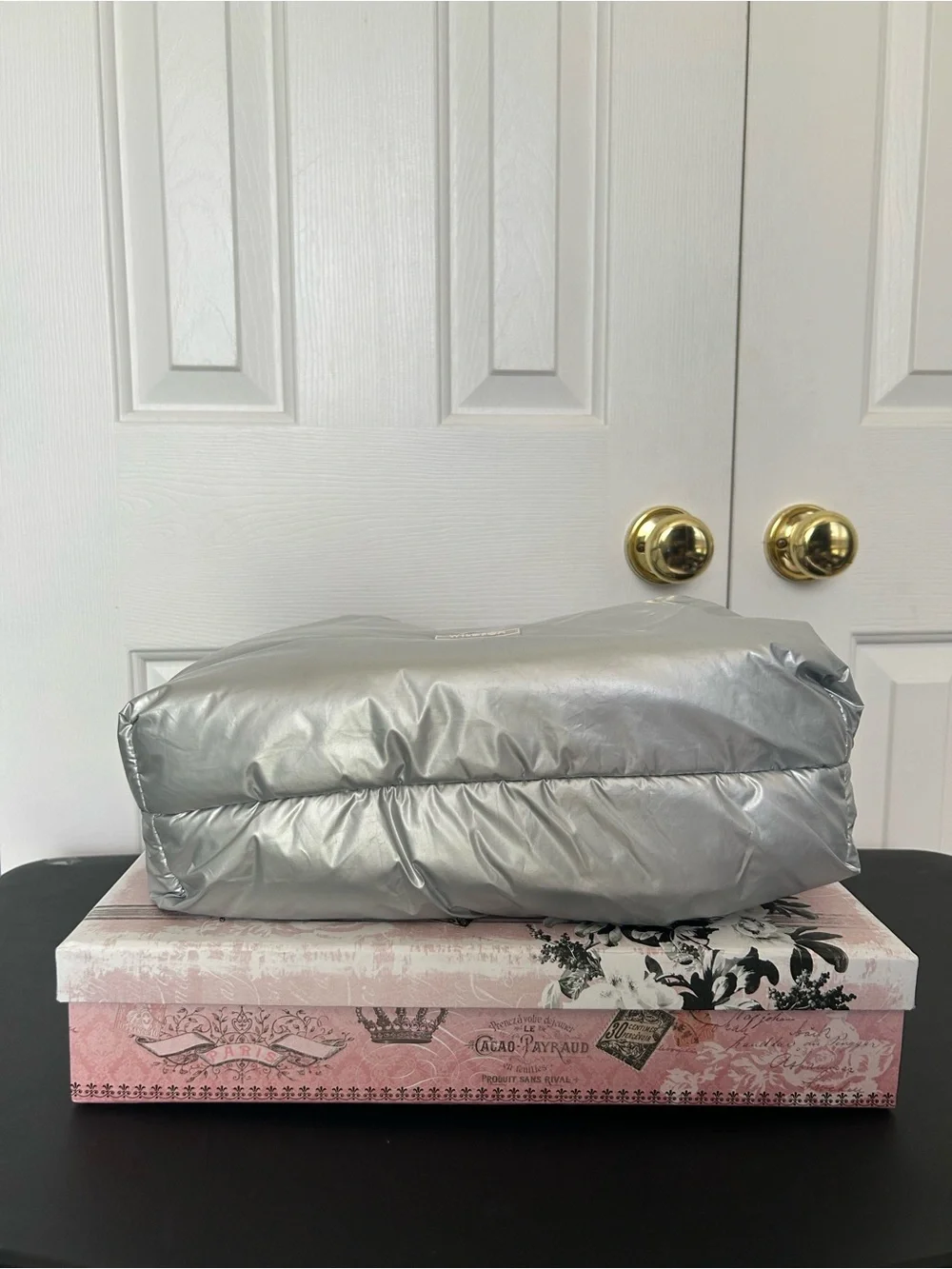 Wildfox Metallic Silver Puffer Tote with Patterned Rope Handles